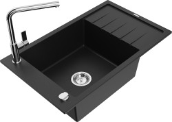 MEXEN/S - Elias granitový dřez 1 s odkapávačem včetně baterie Flora, černá (6511-77-670401-00)
