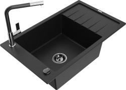 MEXEN/S - Elias granitový dřez 1 s odkapávačem včetně baterie Flora, černá (6511-77-670401-07-B)