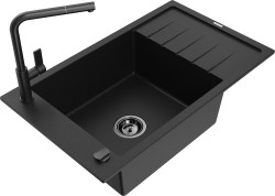 MEXEN/S - Elias granitový dřez 1 s odkapávačem včetně baterie Flora, černá (6511-77-670401-70-B)