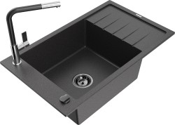 MEXEN/S - Elias granitový dřez 1 s odkapávačem včetně baterie Flora, černá kropenatá (6511-76-670401-07-B)