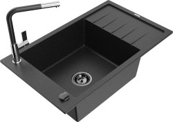 MEXEN/S - Elias granitový dřez 1 s odkapávačem včetně baterie Flora, černá/stříbrná metalik (6511-73-670401-07-B)