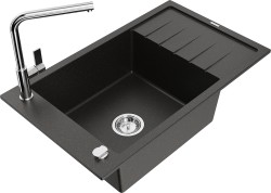 MEXEN/S - Elias granitový dřez 1 s odkapávačem včetně baterie Flora, černá/zlatá metalik (6511-75-670401-00)