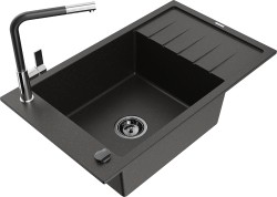 MEXEN/S - Elias granitový dřez 1 s odkapávačem včetně baterie Flora, černá/zlatá metalik (6511-75-670401-07-B)