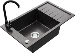 MEXEN/S - Elias granitový dřez 1 s odkapávačem včetně baterie Telma, černá kropenatý (6511-76-670200-76)