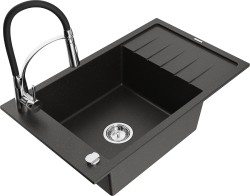 MEXEN/S - Elias granitový dřez s odkapávačem včetně baterie Aster, černá/zlatá metalik (6511-75-73450-70)