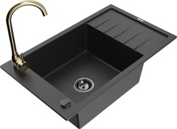 MEXEN/S - Elias granitový dřez s odkapávačem včetně baterie Telma, černá (6511-77-670200-50-B)