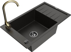 MEXEN/S - Elias granitový dřez s odkapávačem včetně baterie Telma, černá/zlatá (6511-75-670200-50-B)