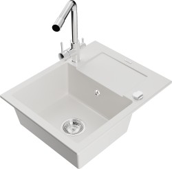 MEXEN/S - Enzo granitový dřez 1-miska s odkapávačem včetně baterie Duero, bílá (6506-20-671600-00)