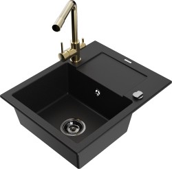 MEXEN/S - Enzo granitový dřez 1-miska s odkapávačem včetně baterie Duero, černá (6506-77-671600-50-B)