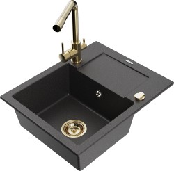 MEXEN/S - Enzo granitový dřez 1-miska s odkapávačem včetně baterie Duero, černá kropenatý (6506-76-671600-50)