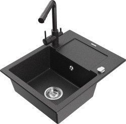 MEXEN/S - Enzo granitový dřez 1-miska s odkapávačem včetně baterie Duero, černá kropenatý (6506-76-671600-76)