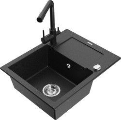 MEXEN/S - Enzo granitový dřez 1-miska s odkapávačem včetně baterie Duero, černá/stříbrná metalik (6506-73-671600-70)