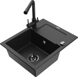 MEXEN/S - Enzo granitový dřez 1-miska s odkapávačem včetně baterie Duero, černá/stříbrná metalik (6506-73-671600-70-B)