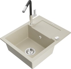 MEXEN/S - Enzo granitový dřez 1-miska s odkapávačem včetně baterie Flora, béžová (6506-69-670401-07)