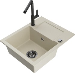 MEXEN/S - Enzo granitový dřez 1-miska s odkapávačem včetně baterie Flora, béžová (6506-69-670401-70-B)