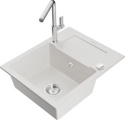 MEXEN/S - Enzo granitový dřez 1-miska s odkapávačem včetně baterie Flora, bílá (6506-20-670401-00)