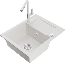 MEXEN/S - Enzo granitový dřez 1-miska s odkapávačem včetně baterie Flora, bílá (6506-20-670401-02)