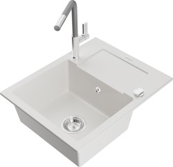 MEXEN/S - Enzo granitový dřez 1-miska s odkapávačem včetně baterie Flora, bílá (6506-20-670401-06)