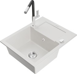 MEXEN/S - Enzo granitový dřez 1-miska s odkapávačem včetně baterie Flora, bílá (6506-20-670401-07)