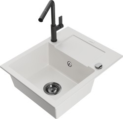 MEXEN/S - Enzo granitový dřez 1-miska s odkapávačem včetně baterie Flora, bílá (6506-20-670401-70-B)