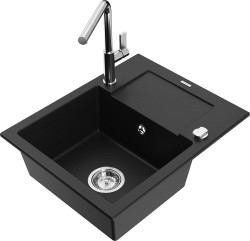 MEXEN/S - Enzo granitový dřez 1-miska s odkapávačem včetně baterie Flora, černá (6506-77-670401-00)