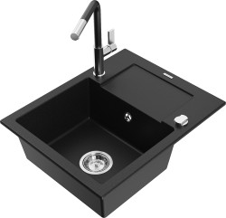 MEXEN/S - Enzo granitový dřez 1-miska s odkapávačem včetně baterie Flora, černá (6506-77-670401-07)