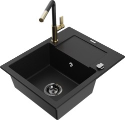 MEXEN/S - Enzo granitový dřez 1-miska s odkapávačem včetně baterie Flora, černá (6506-77-670401-57-B)