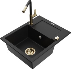 MEXEN/S - Enzo granitový dřez 1-miska s odkapávačem včetně baterie Flora, černá (6506-77-670401-57-G)