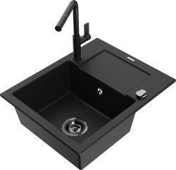 MEXEN/S - Enzo granitový dřez 1-miska s odkapávačem včetně baterie Flora, černá (6506-77-670401-70-B)