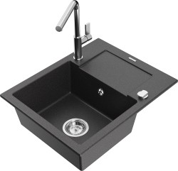 MEXEN/S - Enzo granitový dřez 1-miska s odkapávačem včetně baterie Flora, černá kropenatá (6506-76-670401-00)
