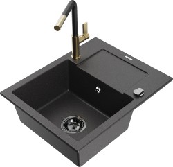 MEXEN/S - Enzo granitový dřez 1-miska s odkapávačem včetně baterie Flora, černá kropenatá (6506-76-670401-57-B)