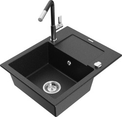 MEXEN/S - Enzo granitový dřez 1-miska s odkapávačem včetně baterie Flora, černá/stříbrná metalik (6506-73-670401-07)