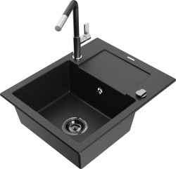 MEXEN/S - Enzo granitový dřez 1-miska s odkapávačem včetně baterie Flora, černá/stříbrná metalik (6506-73-670401-07-B)