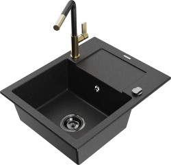 MEXEN/S - Enzo granitový dřez 1-miska s odkapávačem včetně baterie Flora, černá/stříbrná metalik (6506-73-670401-57-B)