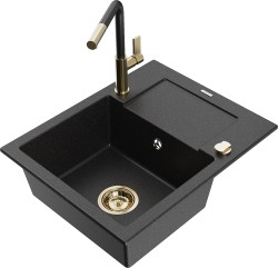 MEXEN/S - Enzo granitový dřez 1-miska s odkapávačem včetně baterie Flora, černá/stříbrná metalik (6506-73-670401-57-G)