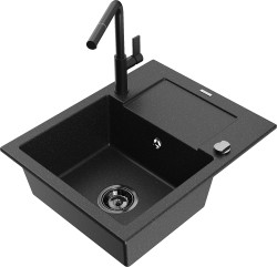 MEXEN/S - Enzo granitový dřez 1-miska s odkapávačem včetně baterie Flora, černá/stříbrná metalik (6506-73-670401-70-B)