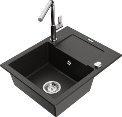 MEXEN/S - Enzo granitový dřez 1-miska s odkapávačem včetně baterie Flora, černá/zlatá metalik (6506-75-670401-00)