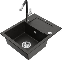 MEXEN/S - Enzo granitový dřez 1-miska s odkapávačem včetně baterie Flora, černá/zlatá metalik (6506-75-670401-07)