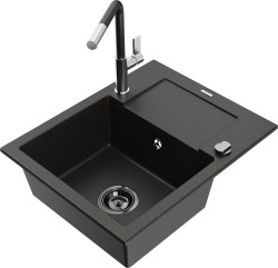 MEXEN/S - Enzo granitový dřez 1-miska s odkapávačem včetně baterie Flora, černá/zlatá metalik (6506-75-670401-07-B)