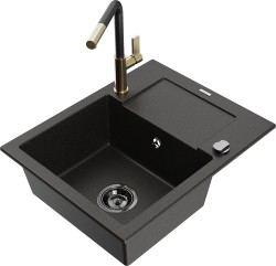MEXEN/S - Enzo granitový dřez 1-miska s odkapávačem včetně baterie Flora, černá/zlatá metalik (6506-75-670401-57-B)
