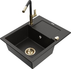 MEXEN/S - Enzo granitový dřez 1-miska s odkapávačem včetně baterie Flora, černá/zlatá metalik (6506-75-670401-57-G)