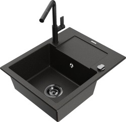 MEXEN/S - Enzo granitový dřez 1-miska s odkapávačem včetně baterie Flora, černá/zlatá metalik (6506-75-670401-70-B)