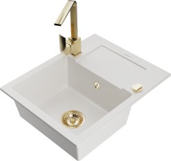 MEXEN/S - Enzo granitový dřez 1-miska s odkapávačem včetně baterie Rita, bílá (6506-20-670300-50)