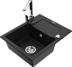 MEXEN/S - Enzo granitový dřez 1-miska s odkapávačem včetně baterie Rita, černý (6506-77-670300-00)