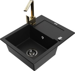 MEXEN/S - Enzo granitový dřez 1-miska s odkapávačem včetně baterie Rita, černý (6506-77-670300-50-B)
