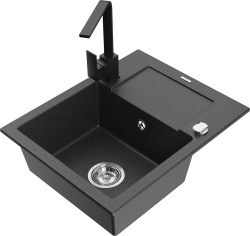 MEXEN/S - Enzo granitový dřez 1-miska s odkapávačem včetně baterie Rita, černý kropenatý (6506-76-670300-70)