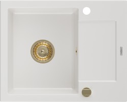 MEXEN/S - Enzo granitový dřez 1 s odkapávačem 576x465 mm,bílá,+ zlatý sifon (6506571005-20-G)