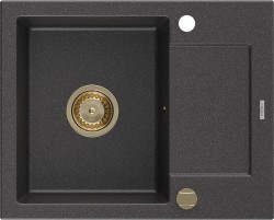 MEXEN/S - Enzo granitový dřez 1 s odkapávačem 576x465 mm, černá kropenatá,+ zlatý sifon (6506571005-76-G)