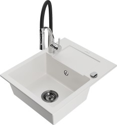 MEXEN/S - Enzo granitový dřez 1 s odkapávačem včetně baterie Aster, bílá (6506-20-73450-07-B)
