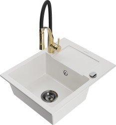 MEXEN/S - Enzo granitový dřez 1 s odkapávačem včetně baterie Aster, bílá (6506-20-73450-57-B)